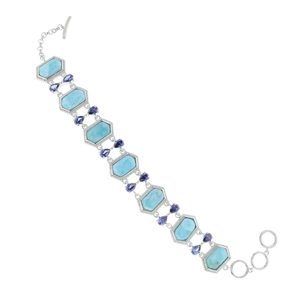 925 Sterling Silver Hexagon Shape w Teardrop Tanzanite CZ Toggle Bracelet 8"